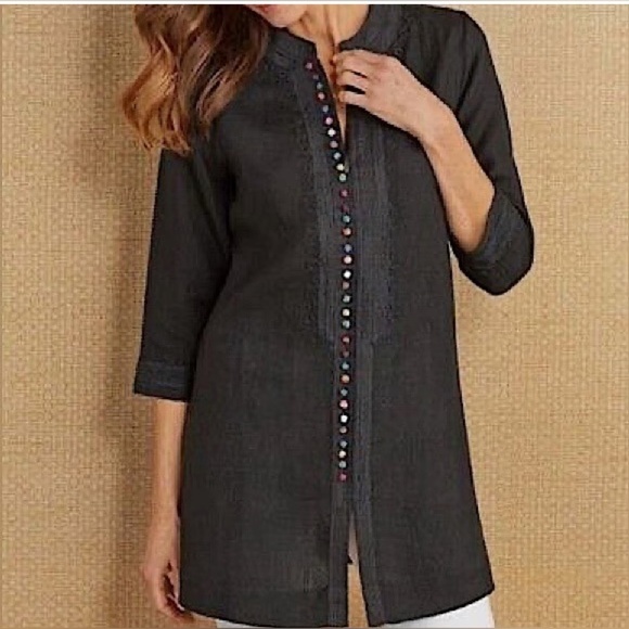 Soft Surroundings Desert Linen Tunic Top Black Embroidered Classic Playful Chic - Picture 15 of 15